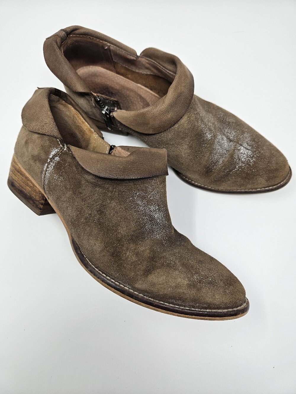 Brown Suede Metallic Pewter Finish Side Zipper Booties Wmns 7 Boho Festival